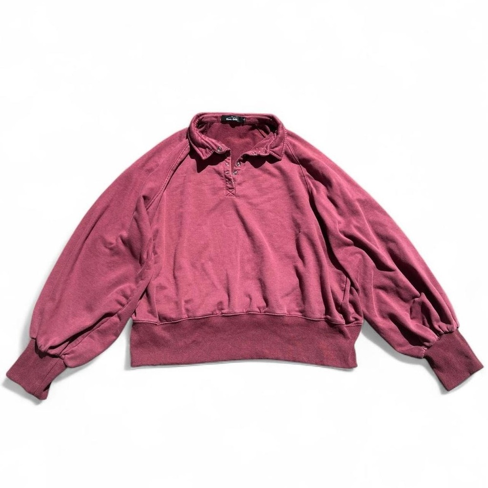 Trendy Queen Snap Button Henley Sweatshirt with Puff Sleeves